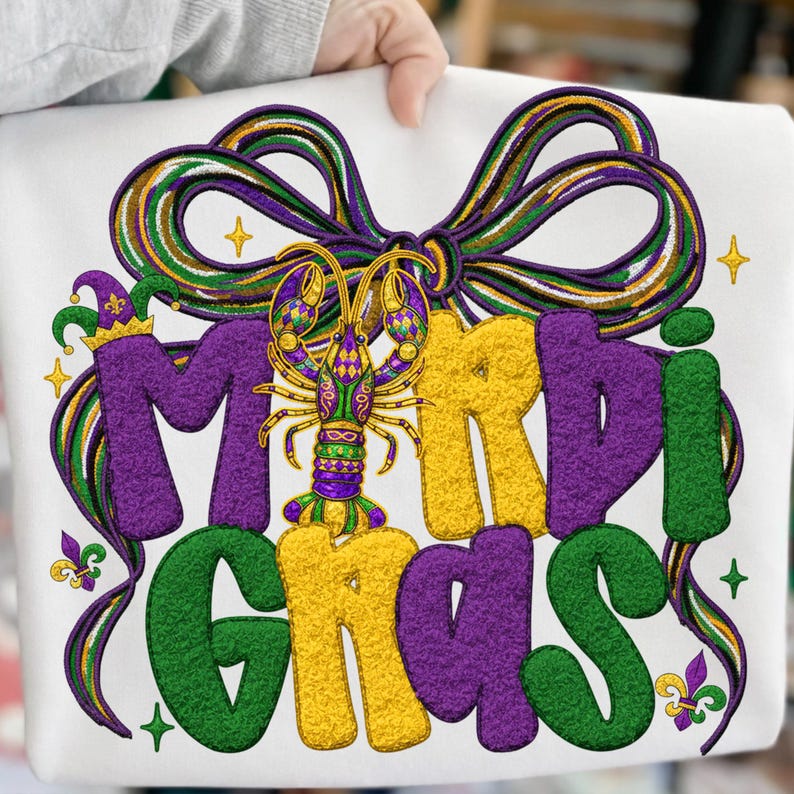 Latch Hook Crochet Mardi Gras Png, Preppy Glitter Knit Png, Crawfish Bow Mardi Gras Design, Digital Download image 1