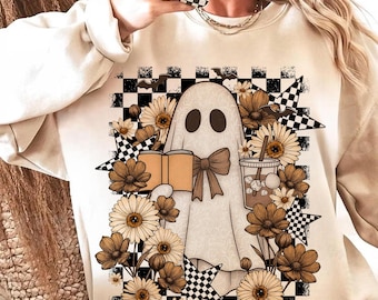 Vintage fleur fantôme Png, livre et café fantôme Png, Halloween esthétique Png, fantôme mignon effrayant avec floral Png, damier rétro Png