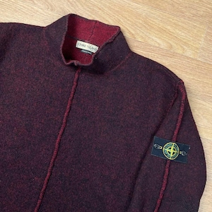 STONE ISLAND Archiv Herbst/Winter 2000 Doppelstrickpullover Schwarz Rot 100 % Wolle Sichtbare Nähte Logo-Patch Herren L Hergestellt in Italien