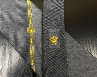 Vintage Gianni Versace Silk Tie Medusa Baroque Golden Gray Italy 90s