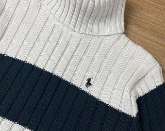 POLO RALPH LAUREN Turtleneck Knit Sweater Womens M White Black Stripe Logo