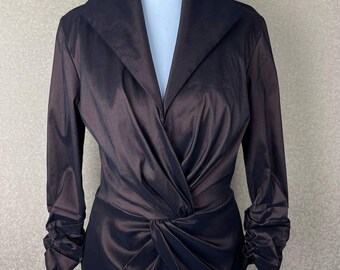 Y2K Tadashi Shoji Seiden Look Bluse Jacke Damen S Bronze Braun Japanischer Designer Vintage Luxus