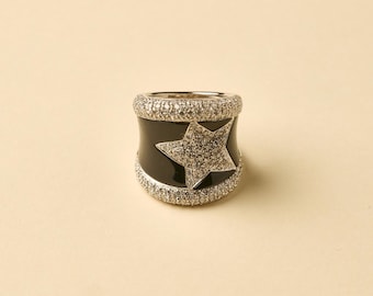 18K Solid White Gold Black Enamel Star Diamond Ring