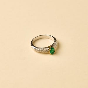 18K Solid White and Yellow Gold Emerald Pavé Diamond Ring