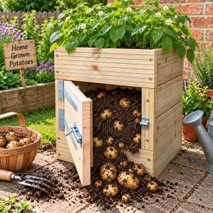 May include: A light-coloured wooden planter box with a hinged door on the front, revealing dark soil and several harvested potatoes. The top of the planter features green leafy potato plants with small white flowers, and a wooden sign reads Home Grown Potatoes.