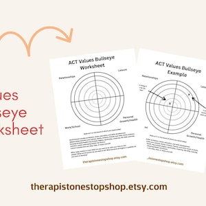 Puede incluir: Se muestran dos hojas de trabajo blancas tituladas "ACT Values Bullseye Worksheet" y "ACT Values Bullseye Example". Las hojas de trabajo presentan un diagrama de diana para la autoevaluación. La imagen incluye el texto "ACT Values Bullseye Worksheet" y la dirección del sitio web therapistonestopshop.etsy.com.