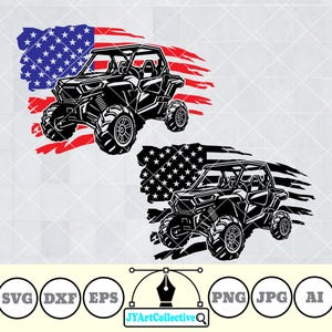 May include: Two black and white silhouette images of an off-road vehicle with a roll cage, driving over a tattered American flag. The flag is red, white, and blue.