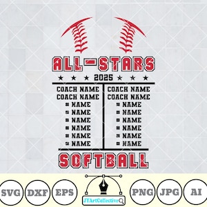 All Stars Softball Svg | Personalized Name | Softball Roster Svg | Softball Team | Softball Mom | All Star Svg | Softball Shirt | Png Dxf