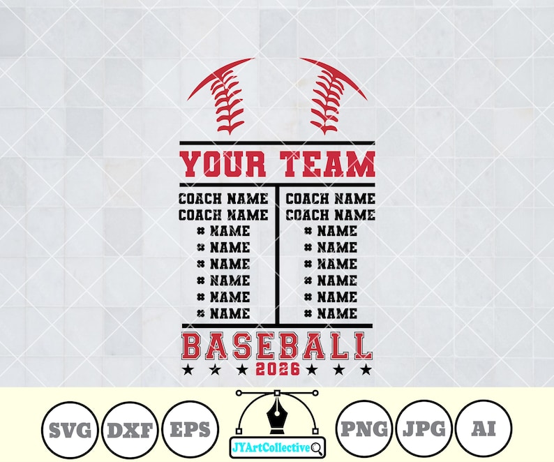 Baseball Roster Team SVG PNG: Baseball Name Template (digital Download ...