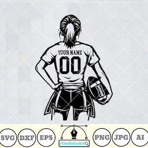 Könnte beinhalten: Schwarz-weiß-Illustration einer weiblichen Footballspielerin, die ein Trikot mit dem Text "YOUR NAME" und der Nummer "00" trägt. Sie hält einen Football in ihrer rechten Hand.