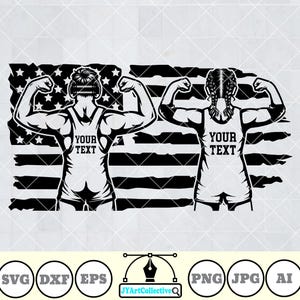 May include: Black and white silhouette of two figures in wrestling poses, standing in front of an American flag. The figures have the text "Your Text" on their shirts.