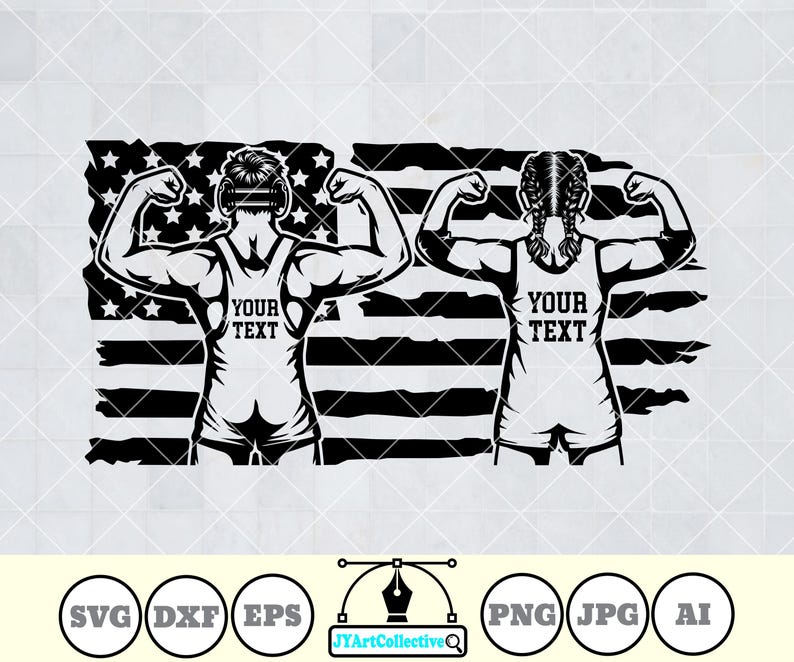 May include: Black and white silhouette of two figures in wrestling poses, standing in front of an American flag. The figures have the text "Your Text" on their shirts.