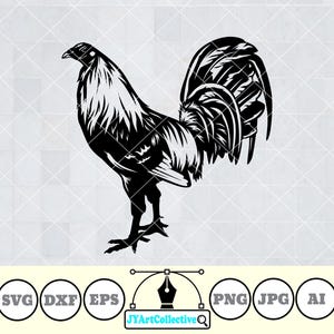May include: Black and white silhouette of a rooster with a large, feathery comb and wattles. The rooster is standing with its legs spread apart and its tail feathers are spread out behind it.