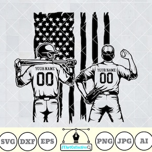 May include: Black and white illustration of two baseball players standing in front of an American flag. The players are wearing jerseys with the text "Your Name" and the number "00".