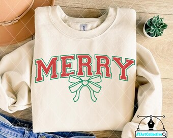 Coquette Varsity Christmas SVG: Merry Bow Graphic (Digital Download)
