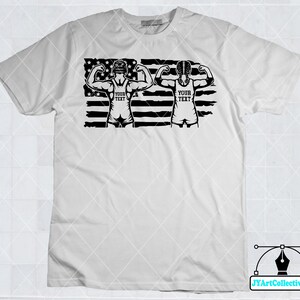 May include: White t-shirt with a black and white graphic of two wrestlers in front of an American flag. The wrestlers are wearing singlets and have their arms raised in a victory pose. The text "YOUR TEXT" is printed on the singlets.