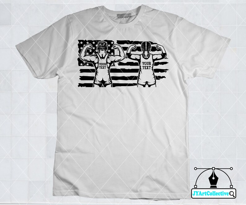 May include: White t-shirt with a black and white graphic of two wrestlers in front of an American flag. The wrestlers are wearing singlets and have their arms raised in a victory pose. The text "YOUR TEXT" is printed on the singlets.