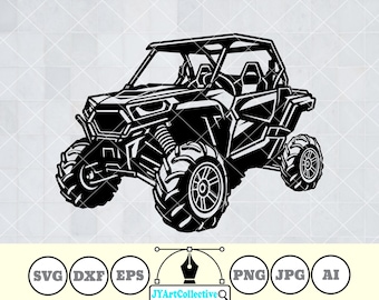 May include: Black and white silhouette of a side view of a four-wheeled off-road vehicle. The vehicle has a roll cage and a large front bumper.