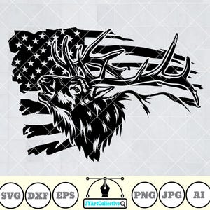 May include: Black and white silhouette of an elk head with antlers, set against a distressed American flag background.