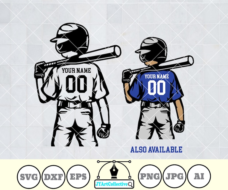 May include: Two baseball player illustrations, one in black and white and one in blue and white. Both players are wearing baseball uniforms with the text "YOUR NAME" and "00" on the front. The text "ALSO AVAILABLE" is below the illustrations. The text "SVG DXF EPS PNG JPG AI" is below the text "ALSO AVAILABLE".