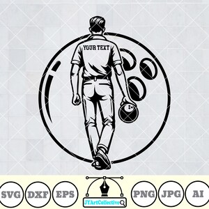 May include: Black and white illustration of a person holding a bowling ball, standing in front of a bowling ball with the text "YOUR TEXT" on the person's shirt.