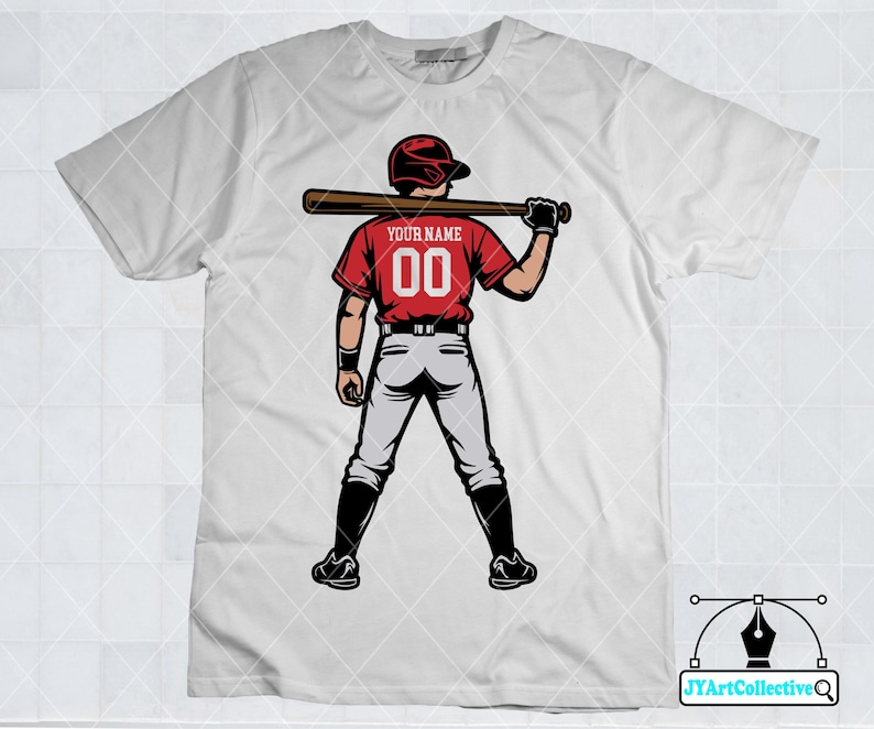 May include: White t-shirt with a baseball player graphic. The player is wearing a red jersey with the text "Your Name" and the number "00".