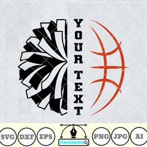 Pode incluir: Design gráfico dividido em duas metades. Um lado mostra um pompom preto e branco, o outro uma bola de basquete com linhas laranja. O texto "YOUR TEXT" está alinhado verticalmente. Inclui ícones de tipo de arquivo SVG, DXF, EPS, PNG, JPG e AI.