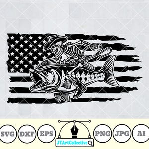 以下が含まれることがあります： ラッソを持ったスケルトンが魚に乗っている白黒のイラスト。魚は水から飛び出し、スケルトンはカウボーイハットをかぶっています。背景はアメリカの国旗です。
