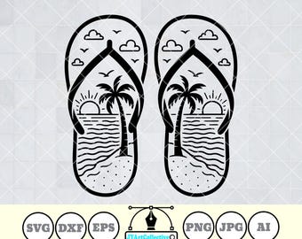 Op de afbeelding: Zwart-wit afbeelding van twee slippers, elk met een strandscène met een palmboom, zon, wolken en vogels. Het ontwerp bevat de tekst "JYArtCollective" en bestandstype-pictogrammen.