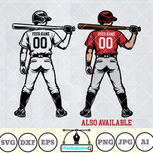 May include: Two baseball players in uniform, one wearing a red jersey and the other a white jersey, both holding a baseball bat behind their backs. The jerseys have the text "YOUR NAME" and the number "00" on them.