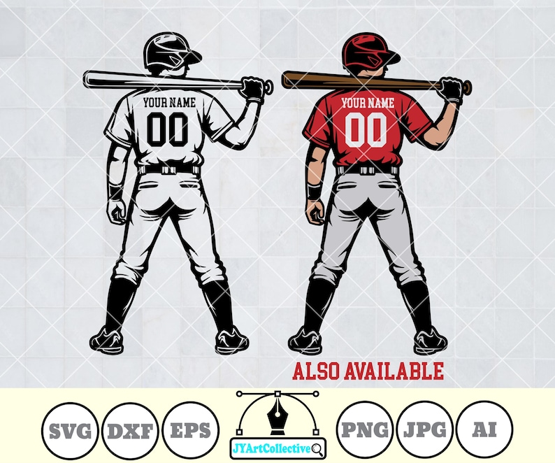 May include: Two baseball players in uniform, one wearing a red jersey and the other a white jersey, both holding a baseball bat behind their backs. The jerseys have the text "YOUR NAME" and the number "00" on them.