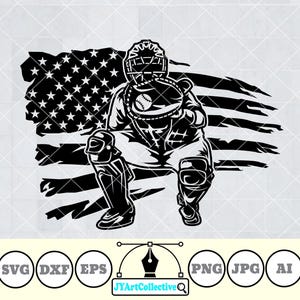 May include: Black and white illustration of a baseball catcher wearing a helmet and crouching in front of a distressed American flag.