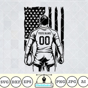 Pode incluir: Ilustração em preto e branco de um jogador de rugby segurando uma bola, em pé em frente a uma bandeira americana. A camisa do jogador tem o texto "YOUR NAME" e o número "00".