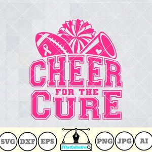 May include: Pink graphic design with the text "CHEER FOR THE CURE". The design includes a football with a pink ribbon, a megaphone with a heart, and a cheerleader pom-pom. The design is for breast cancer awareness.