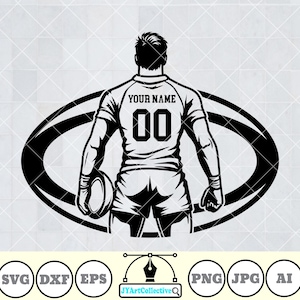 Könnte beinhalten: Schwarz-weiß-Illustration eines Rugby-Spielers, der einen Ball hält und auf ein Rugby-Feld zuläuft. Der Spieler trägt ein Trikot mit dem Text "YOUR NAME" und der Nummer "00".