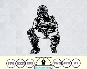 May include: Black and white illustration of a baseball catcher in a crouching position, wearing a catcher's mask and holding a baseball mitt.