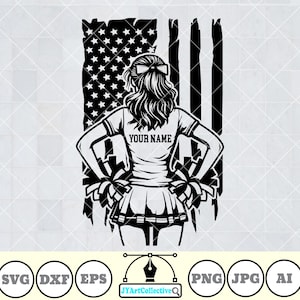 May include: Black and white silhouette of a cheerleader with pom-poms standing in front of an American flag. The text "YOUR NAME" is on the cheerleader's shirt.