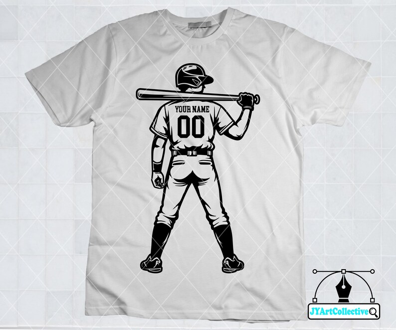 May include: White t-shirt with a black and white illustration of a baseball player holding a bat. The player is wearing a baseball uniform with the text "YOUR NAME" and the number "00" on the back.