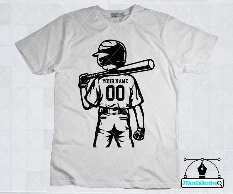 May include: White t-shirt with a black and white illustration of a baseball player holding a bat. The player is wearing a baseball cap and has the text "YOUR NAME 00" on the back of their jersey.