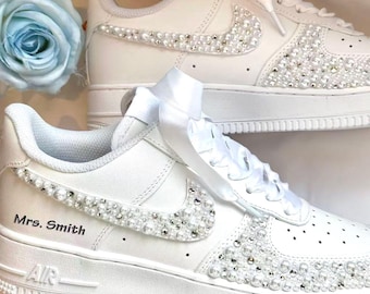 Personalized Name Wedding Bride Pearl Rhinestone Sneakers, Custom Air Force One Shoes, Bridesmaid & Best Man Gift, Prom Pearl Wedding Shoes