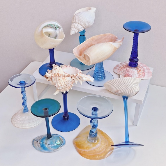 One-of-a-kind Blue Seashell Martini Glasses·Unique Piece Ocean Cup Bottom·Limited Edition Seashell Glasses·Rare Item Cup Bottom·Unique  Gift