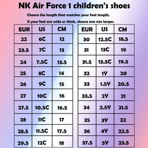 May include: Size chart for NK Air Force 1 children's shoes. Includes EUR, US, and CM measurements. The chart provides conversions for shoe sizes, with centimeter measurements ranging from 12 cm to 23.5 cm.