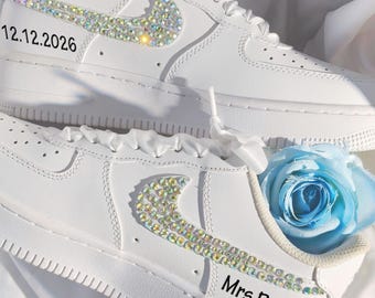 Personalized Wedding Bride Pearl Rhinestone Sneakers,Bridesmaid & Best Man Gift,  Custom Air Force One Shoes, Prom Pearl Wedding Shoes