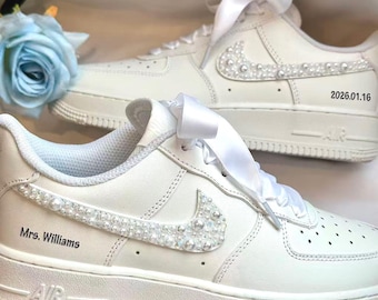 Custom Wedding Bride Sneakers / Personalized Rhinestone Pearl Wedding Shoes / Air Force One Wedding Gift /Custom Wedding Shoes/ Customizable