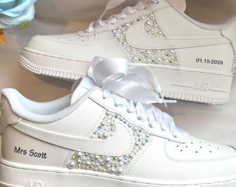 Personalized Name Wedding Bride Pearl Custom Rhinestones Sneakers/Air Force One Best Man and Bridesmaid Gift/Prom Pearl Shoes ,Wedding Shoes