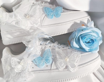 Personalized Wedding Bride Pearl Rhinestone Sneakers, Blue Butterfly Bridal Sneakers, Custom Air Force One Shoes, Bridesmaid & Best Man Gift