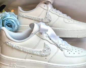 Custom Wedding Bride Sneakers/Custom Wedding Shoes/ Customizable / Personalized Rhinestone Pearl Wedding Shoes / Air Force One Wedding Gift