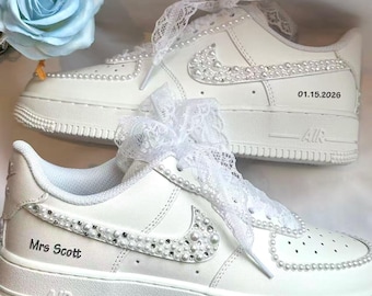 Custom Name Wedding Bride Sneakers / Personalized Rhinestone Pearl Wedding Shoes / Air Force One Wedding Gift /Custom Wedding Shoes/