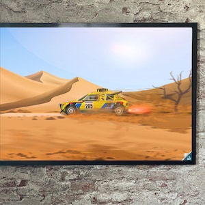 Peut inclure: Une voiture de rallye jaune et bleue avec le numéro 205 sur le côté traverse un paysage désertique. La voiture soulève du sable et de la poussière en accélérant à travers les dunes.