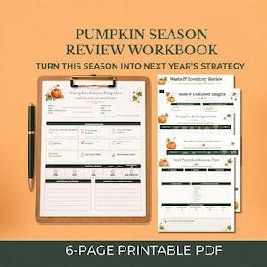 Könnte beinhalten: Ein 6-seitiges, druckbares PDF-Arbeitsbuch mit dem Titel Pumpkin Season Review Workbook, bestehend aus einem Klemmbrett mit einer Pumpkin Season Snapshot-Seite, einem schwarzen Stift und weiteren Seiten für Inventar, Verkäufe, Preise und Planung.